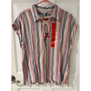 Orvis Linen Blend Striped Cap Sleeve Button Down Shirt Med Vacation Casual